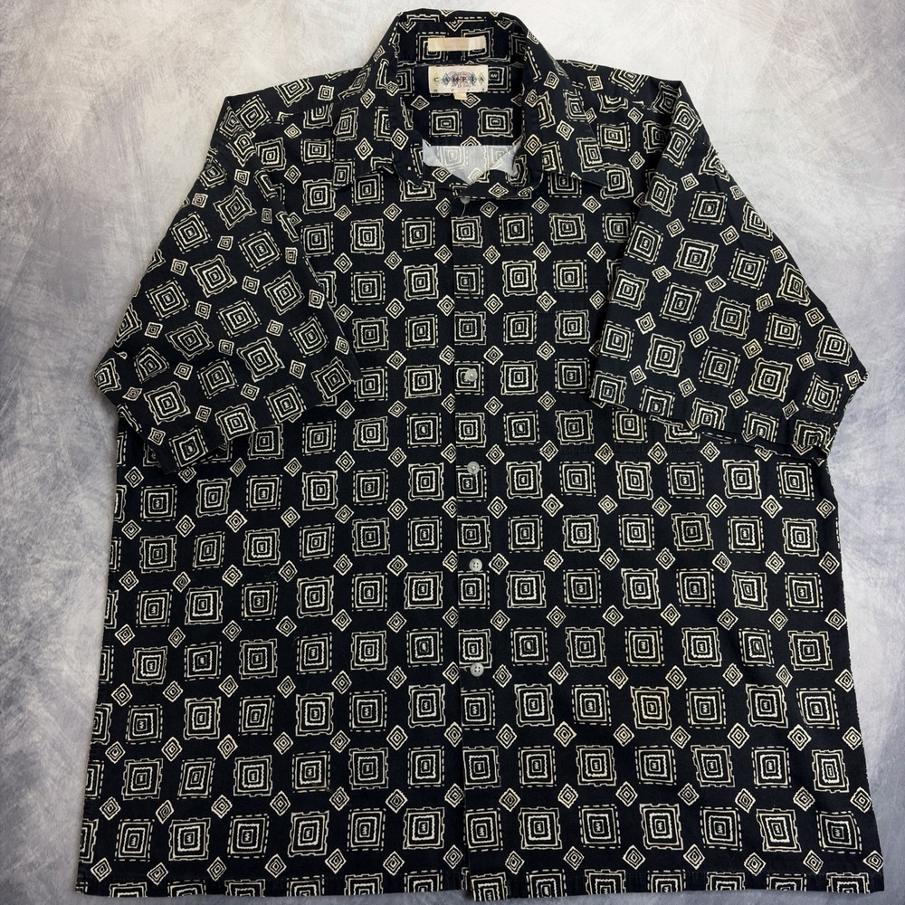 Vintage Campia Moda Shirt Mens XL Black Geometric Cotton Short Sleeve Button Up